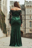 Plus Size Dark Green Velvet Lace Off the Shoulder Formal Dress with Long Sleeves