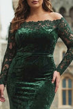 Plus Size Dark Green Velvet Lace Off the Shoulder Formal Dress with Long Sleeves
