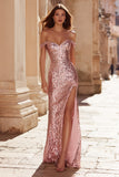 Off The Shoulder Sequin Mermaid Pink Prom Dress