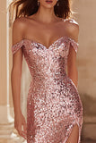 Off The Shoulder Sequin Mermaid Pink Prom Dress