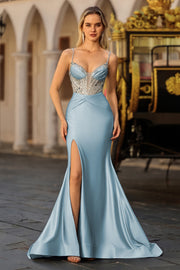 Dusty Blue Mermaid Beaded Corset Sequins Long Prom Dress with Slit