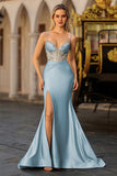 Dusty Blue Mermaid Beaded Corset Sequins Long Prom Dress with Slit
