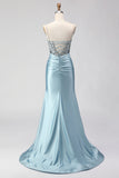 Dusty Blue Mermaid Beaded Corset Sequin Long Prom Dress with Slit