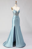 Dusty Blue Mermaid Beaded Corset Sequin Long Prom Dress with Slit