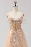 Sparkly Champagne Mermaid Corset Sequin Long Prom Dress with Beading
