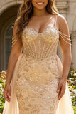 Sparkly Champagne Mermaid Corset Long Plus Size Prom Dress with Appliques