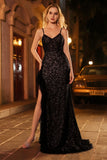 Sparkly Black Mermaid Beaded Corset Sequin Ruffle Long Prom Dress with Slit