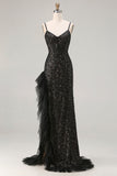 Sparkly Black Mermaid Beaded Corset Sequin Ruffle Long Prom Dress with Slit