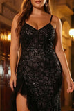 Sparkly Black Mermaid Corset Sequin Ruffled Long Plus Size Prom Dress with Slit
