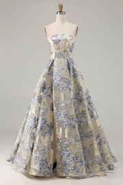 Dusty Blue Floral Strapless Corset A Line Long Prom Dress with Slit