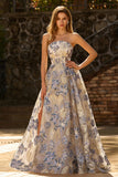 Strapless Dusty Blue Corset A Line Floral Brocade Long Prom Dress with Slit