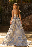 Strapless Dusty Blue Corset A Line Floral Brocade Long Prom Dress with Slit
