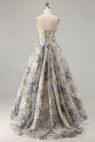 Dusty Blue Floral Strapless Corset A Line Long Prom Dress with Slit