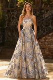 Strapless Dusty Blue Corset A Line Floral Brocade Long Prom Dress with Slit