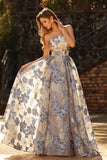 Strapless Dusty Blue Corset A Line Floral Brocade Long Prom Dress with Slit