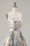 Dusty Blue Floral Strapless Corset A Line Long Prom Dress with Slit
