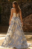 Dusty Blue Floral Strapless Brocade Corset A Line Long Plus Size Prom Dress with Slit