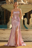 Metallic Strapless Pink Mermaid Pleated Sheer Corset Long Prom Dress with Slit