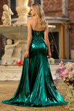 Strapless Metallic Dark Green Mermaid Corset Long Prom Dress with Slit