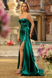 Strapless Metallic Dark Green Mermaid Corset Long Prom Dress with Slit