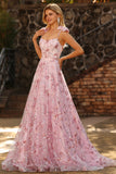 Sparkly Pink Floral A-Line Sequin Long Prom Dress with Bows