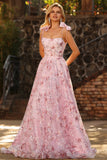 Sparkly Pink Floral A-Line Sequin Long Prom Dress with Bows