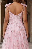 Sparkly Pink A-Line Floral Sequins Long Plus Size Prom Dress with Bows