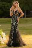 Black Mermaid Corset Sequins Floral Long Prom Dress with Lace Up Back