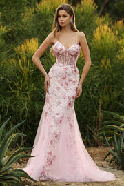 Pink Corset Floral Mermaid Lace Up Back Long Prom Dress with Sequins
