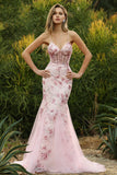 Pink Corset Floral Mermaid Lace Up Back Long Prom Dress with Sequins