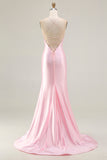Pink Beaded Mermaid Spaghetti Straps Corset Ruched Long Prom Dress with Slit