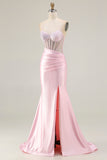 Pink Beaded Mermaid Spaghetti Straps Corset Ruched Long Prom Dress with Slit