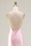 Pink Beaded Mermaid Spaghetti Straps Corset Ruched Long Prom Dress with Slit
