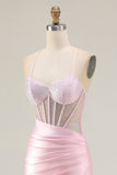 Pink Beaded Mermaid Spaghetti Straps Corset Ruched Long Prom Dress with Slit