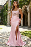 Pink Mermaid Spaghetti Straps Beaded Corset Long Plus Size Prom Dress with Slit