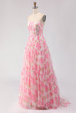 Pink Print Floral Strapless A Line Corset Long Prom Dress