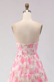 Pink Print Floral Strapless A Line Corset Long Prom Dress