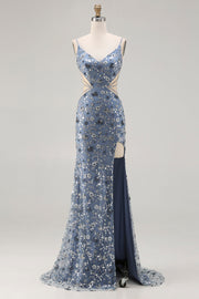 Mermaid Dusty Blue Sequins Beaded Cut Out Long Prom Dress with Slit