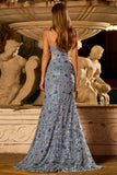 Mermaid Sequins Dusty Blue Beaded Cut Out Long Prom Dress with Slit
