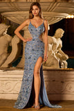 Mermaid Sequins Dusty Blue Beaded Cut Out Long Prom Dress with Slit