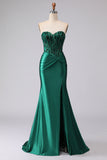 Dark Green Mermaid Strapless Corset Ruched Sequin Lace Up Back Prom Dress with Slit
