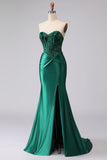Dark Green Mermaid Strapless Corset Ruched Sequin Lace Up Back Prom Dress with Slit