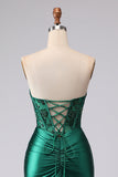 Dark Green Mermaid Strapless Corset Ruched Sequin Lace Up Back Prom Dress with Slit
