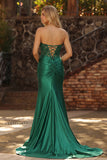 Dark Green Mermaid Strapless Corset Ruched Sequin Lace Up Back Prom Dress with Slit