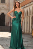 Strapless Mermaid Dark Green Corset Long Prom Dress with Sash