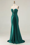 Strapless Mermaid Dark Green Corset Long Prom Dress with Sash