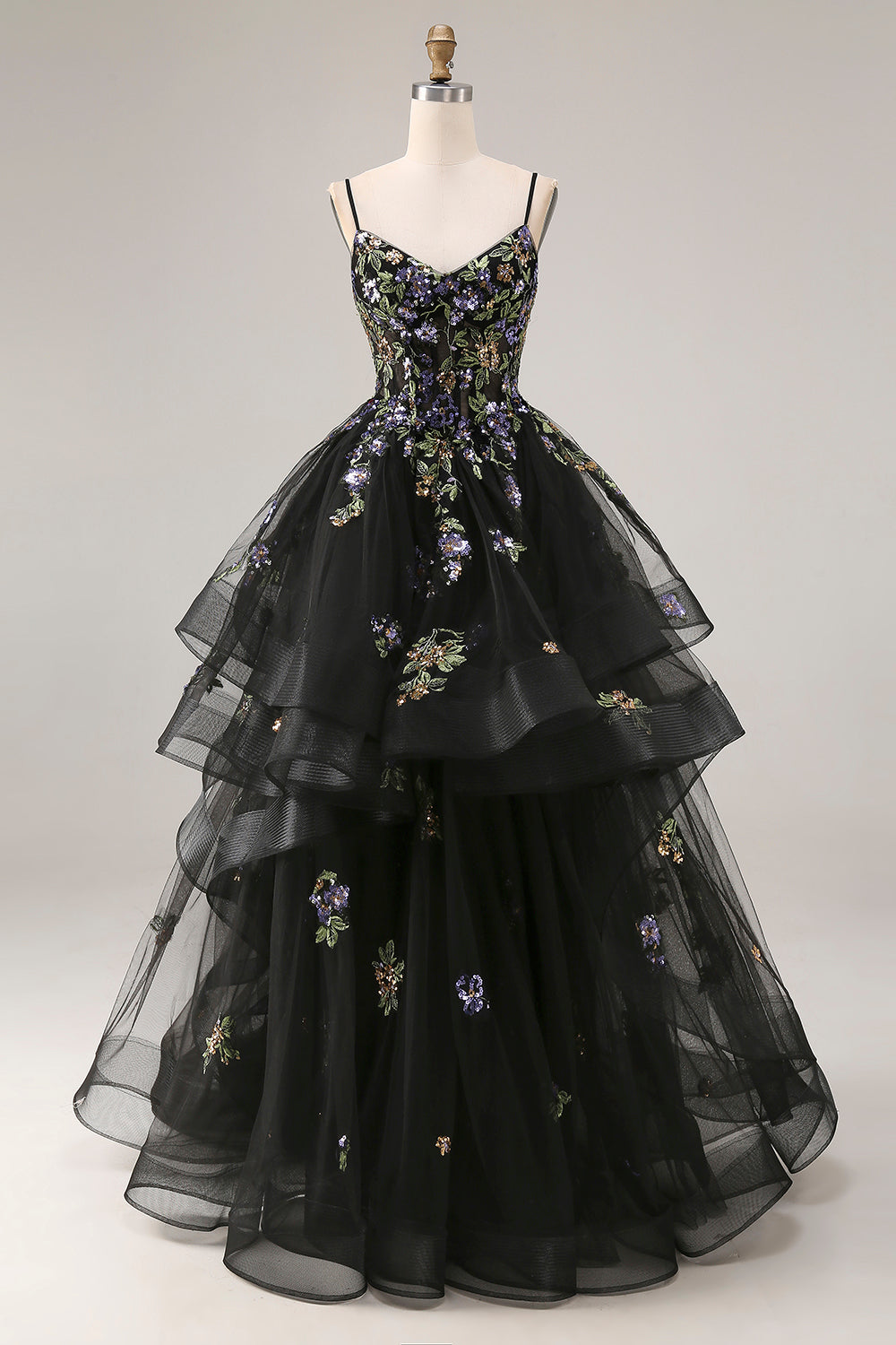 Zapaka Women Black Long Prom Dress with Ruffles Princess Corset Spaghetti Straps Sequins Evening Party Dress with Lace Up Back ZAPAKA UK Zapaka Women Black Long Prom Dress with Ruffles Princess Corset Spaghetti Straps Sequins Evening Party Dress with Lace Up Back ZAPAKA UK