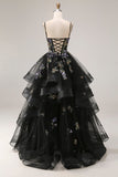 Princess Black Sequins Lace Up Back Long Prom Dress with Ruffles