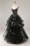 Princess Black Sequins Lace Up Back Long Prom Dress with Ruffles