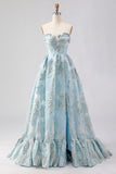 Strapless A Line Light Blue Corset Jacquard Long Prom Dress with Slit